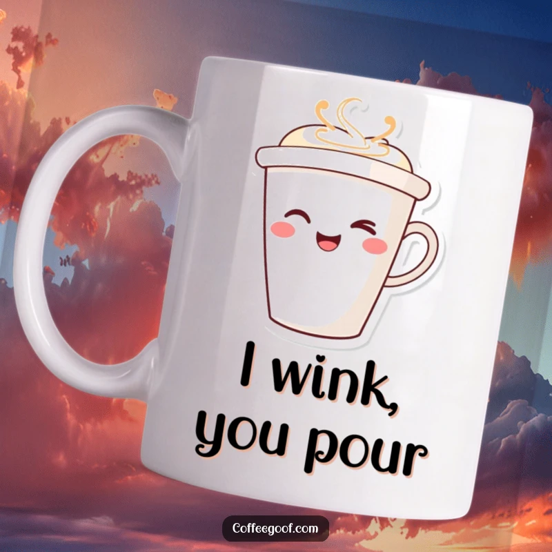 Funny Coffee Cup Mug with a smiling character winking playfully, ready to serve a good laugh with your favorite hot beverage.