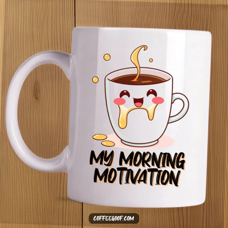 Funny Mug featuring a cheerful coffee cup character joyfully spilling droplets, radiating happiness and morning energy for a delightful gift.