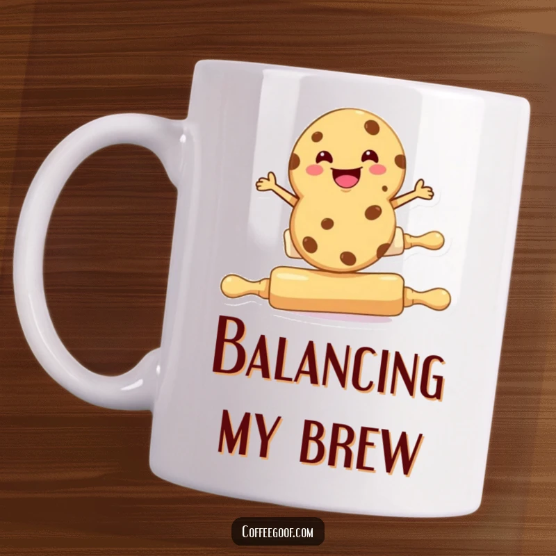 Funny cookie mug, a grinning cookie character balancing precariously on a rolling pin, baking humor.