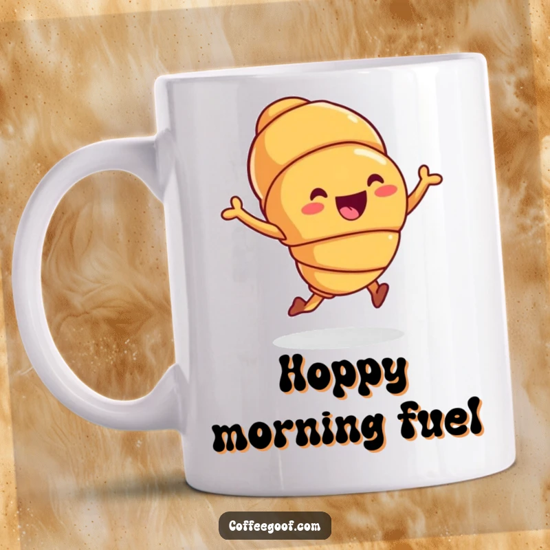 Funny Mug featuring a joyful croissant character performing a tiny, energetic hop, radiating happiness and baked goodness for a perfect funny gift.