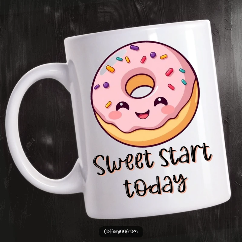 Funny donut character mug, smiling widely, with colorful sprinkles joyfully bouncing off its surface, radiating pure delight.