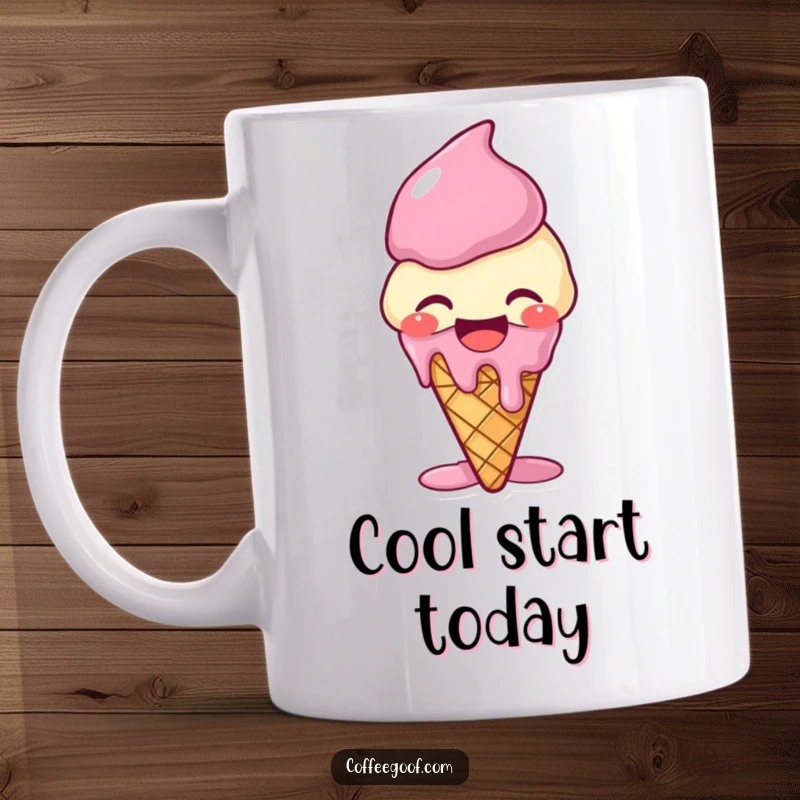 Funny giggling ice cream cone mug, melting slightly from laughter, capturing a moment of sweet, humorous delight.