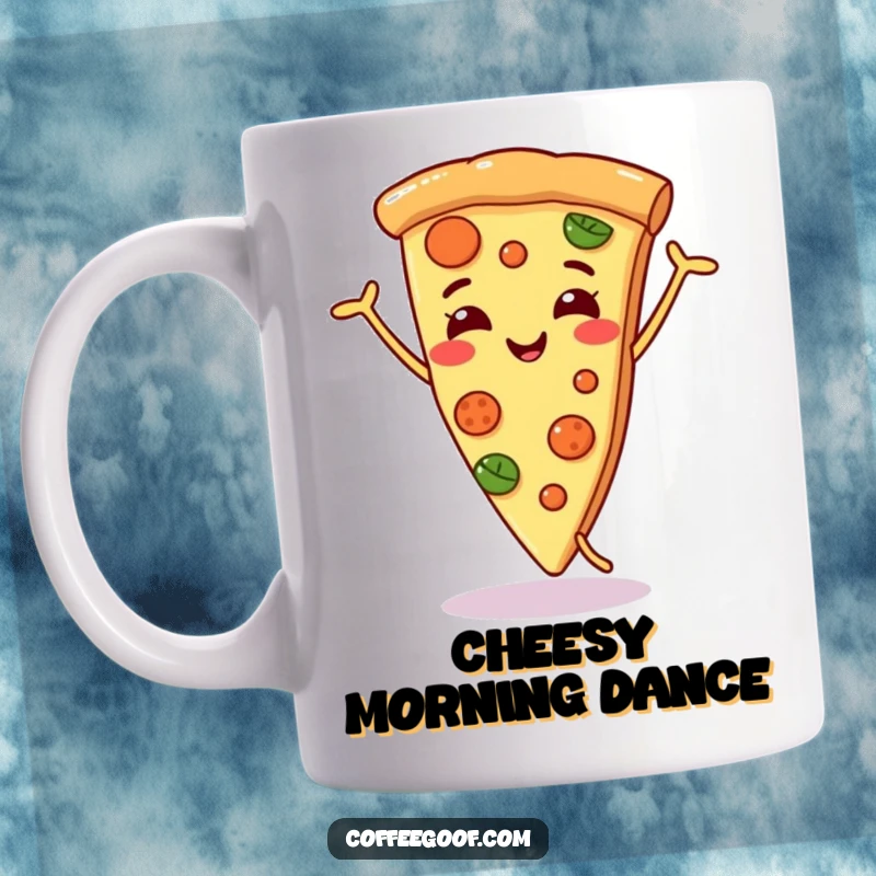 Funny smiling pizza slice mug, doing a silly dance with joy, perfect for pizza lovers who enjoy a humorous kitchen item.