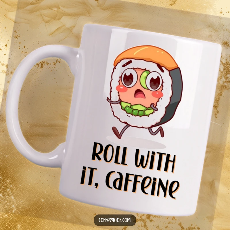 Funny Sushi Mug: A surprised sushi roll character with wide eyes and stubby legs shuffling quickly, capturing a comical moment.