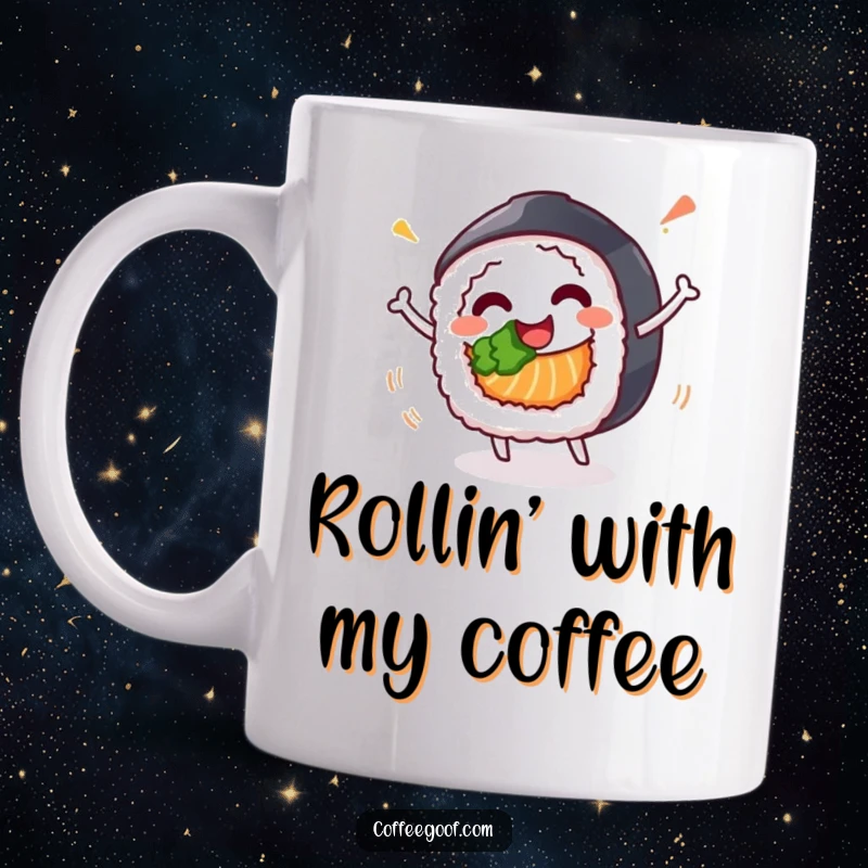 Funny sushi roll character mug, in a happy celebratory spin, embodying pure joy and deliciousness.
