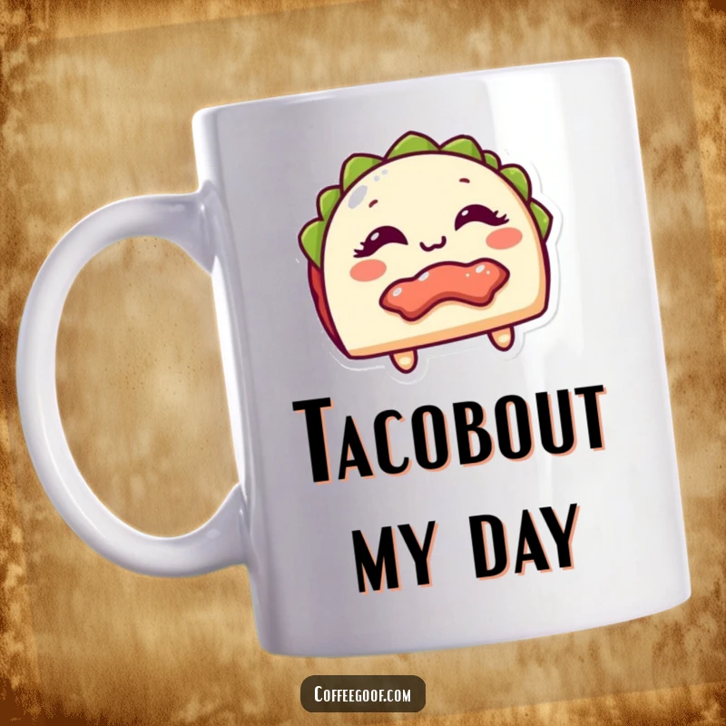 Funny Mug featuring a giggling taco character with its filling playfully peeking out, celebrating Mexican food fun for a perfect funny gift.