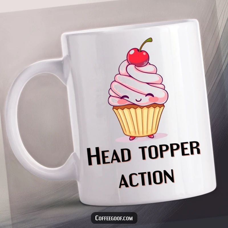 Funny Mug featuring a cartoon cupcake character playfully bouncing a bright red cherry on its head with a joyful expression.
