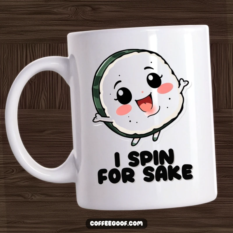 Funny Sushi Spin Mug with a smiling sushi character happily spinning, perfect for adding a touch of playful humor and fun to your drink.