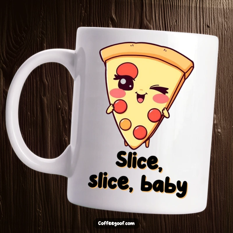 Funny Pizza Mug: A giggling slice of pizza character with a mischievous wink, perfect for pizza enthusiasts.