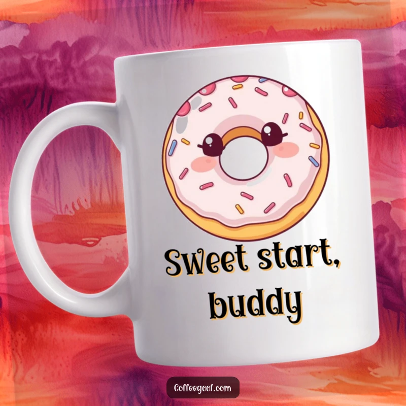 Funny Mug featuring a happy, smiling donut with colorful sprinkles bouncing off, radiating sweetness and fun for a perfect funny gift.