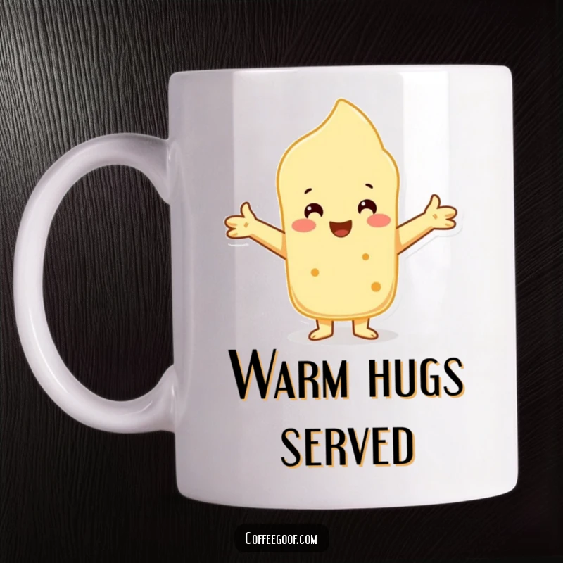 Funny Scone Character Mug with arms outstretched in a warm embrace, offering comfort and cheer.