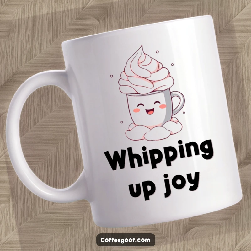 Funny Mug showing a smiling cocoa mug gleefully performing a 'cannonball' dive into a fluffy cloud of whipped cream, pure happiness.