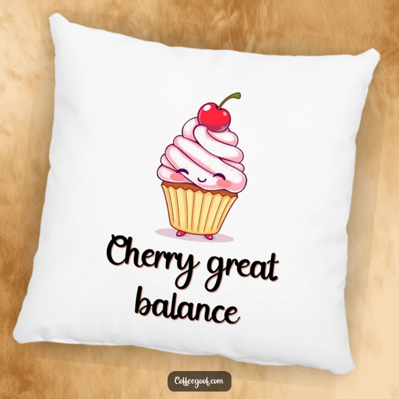 Funny Pillow with a soft texture, showing a happy cupcake character juggling a cherry on its head with great playful enthusiasm.
