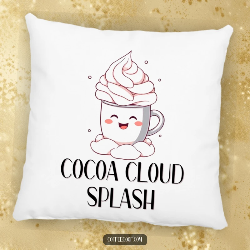 Funny Pillow with a soft texture, showing a happy cocoa mug mid-cannonball dive into a generous cloud of whipped cream, pure comfort.