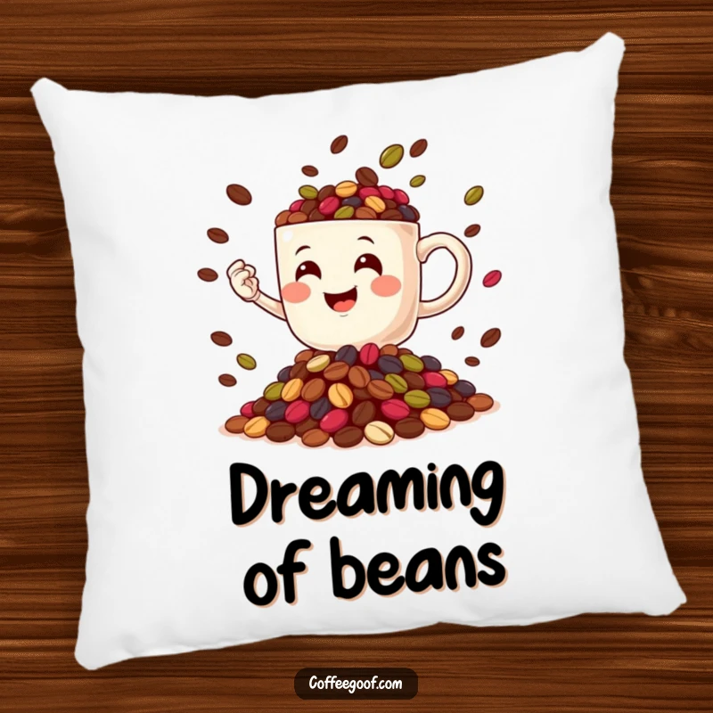 Soft, funny pillow featuring a smiling Coffee Mug character expertly juggling a pile of colorful coffee beans, adding charm.