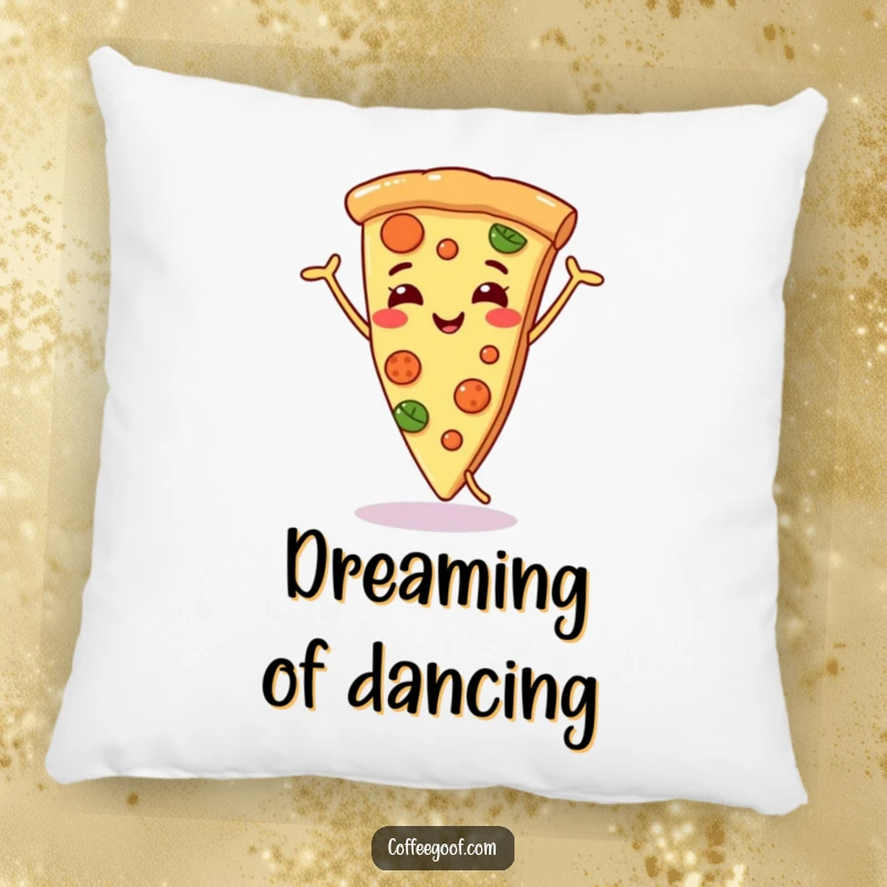 Funny smiling pizza slice pillow, engaged in a silly dance, offering a soft, humorous, and comforting decorative accent.
