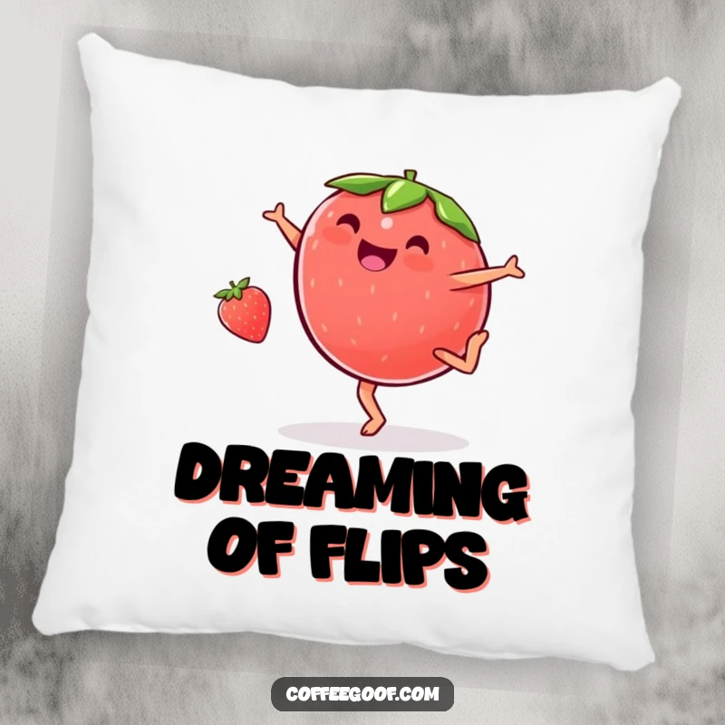 Funny plump strawberry pillow, doing a cartwheel with glee, offering a soft, humorous, and vibrant decorative accent.