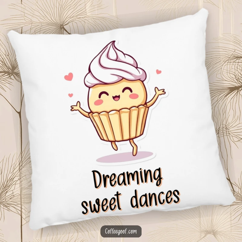 Funny and soft pillow featuring a whimsical muffin character dancing with charming frosting swirls, perfect for cozy relaxation.