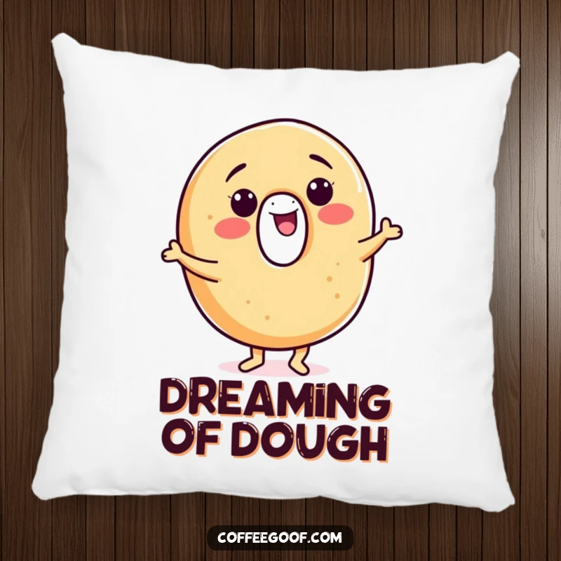 Funny bagel pillow, a smiling character performing a jig, perfect for adding comfort and a touch of humor to a couch.