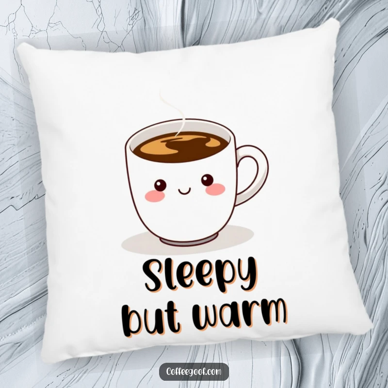 Funny and soft pillow featuring a cheerful coffee cup character, steam, and a humorous wiggling handle, ideal for cozy comfort.