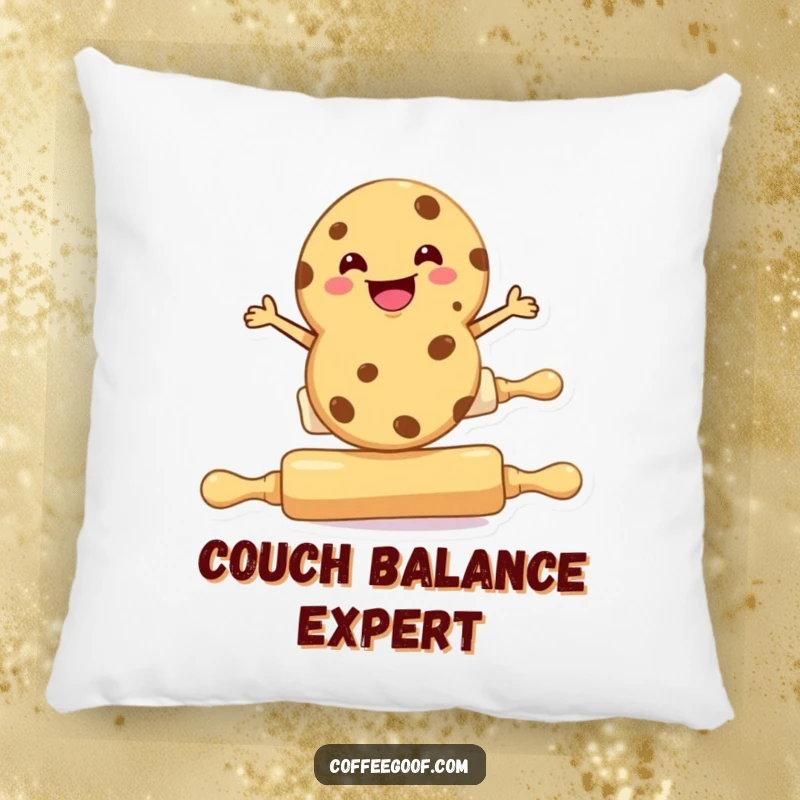 Funny cookie pillow, a cookie character balancing on a rolling pin, soft and cozy baking decor.