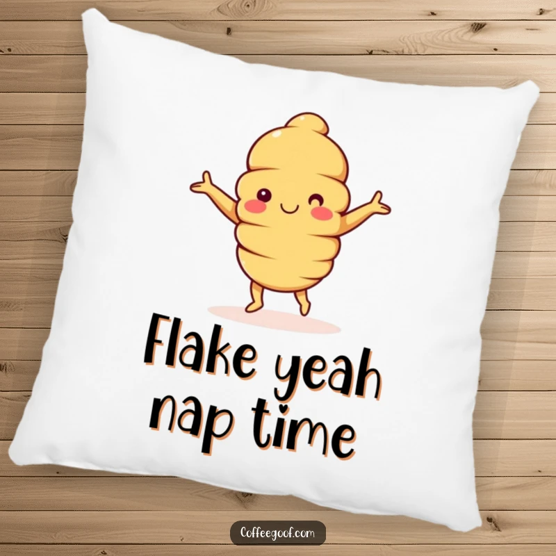 Funny Croissant Pillow: A happy croissant character with arms outstretched, dancing with joy, offering comfort and comedic charm.