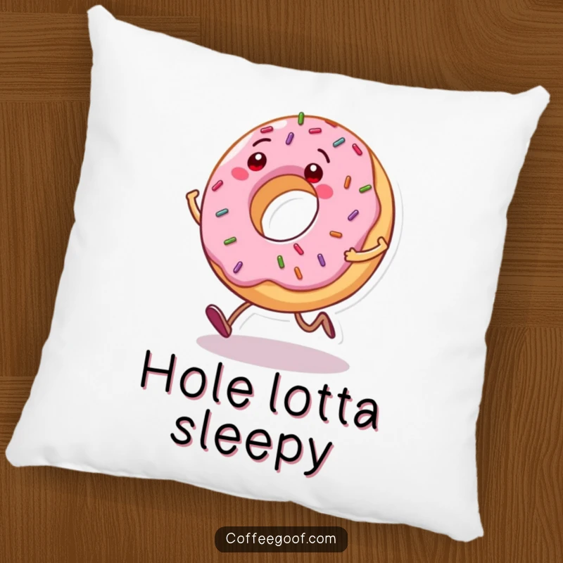 Funny Donut Pillow: A grinning donut character with sprinkles bouncing as it hops, offering comfort and comedic charm.