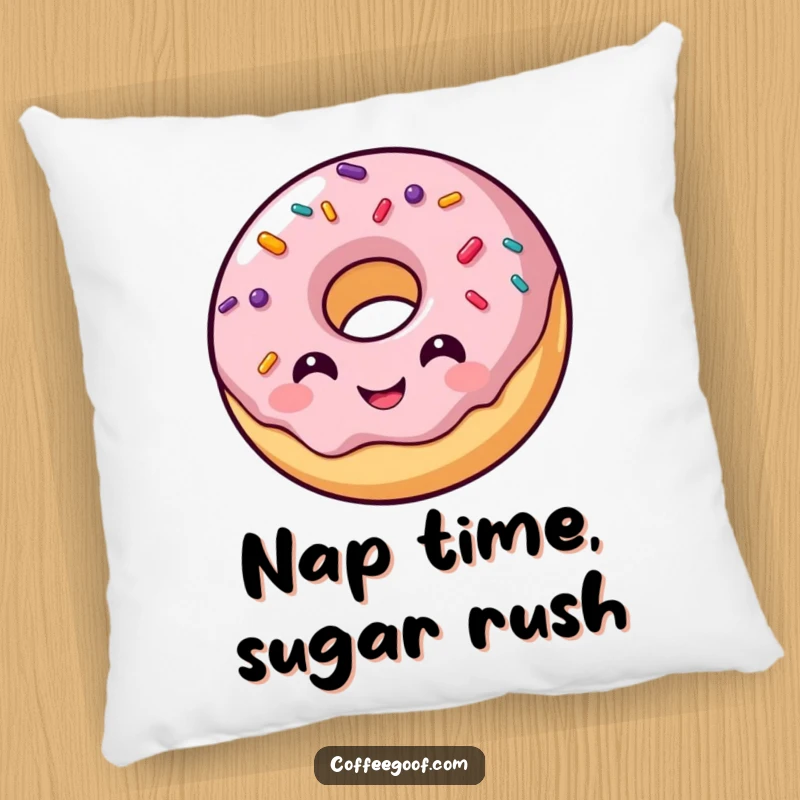 Funny and soft pillow showcasing a smiling donut character and vibrant, bouncing sprinkles, perfect for cozy relaxation.