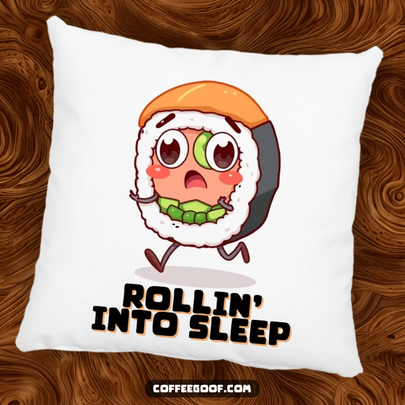 Funny Sushi Pillow: A surprised sushi roll character with wide eyes and stubby legs, offering comfort and humorous appeal.
