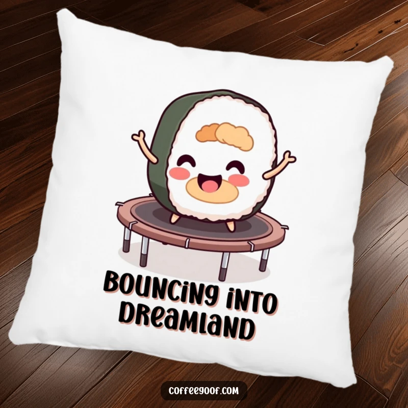 Funny sushi roll character happily bouncing on a trampoline, depicted on a soft, decorative pillow for comfort.