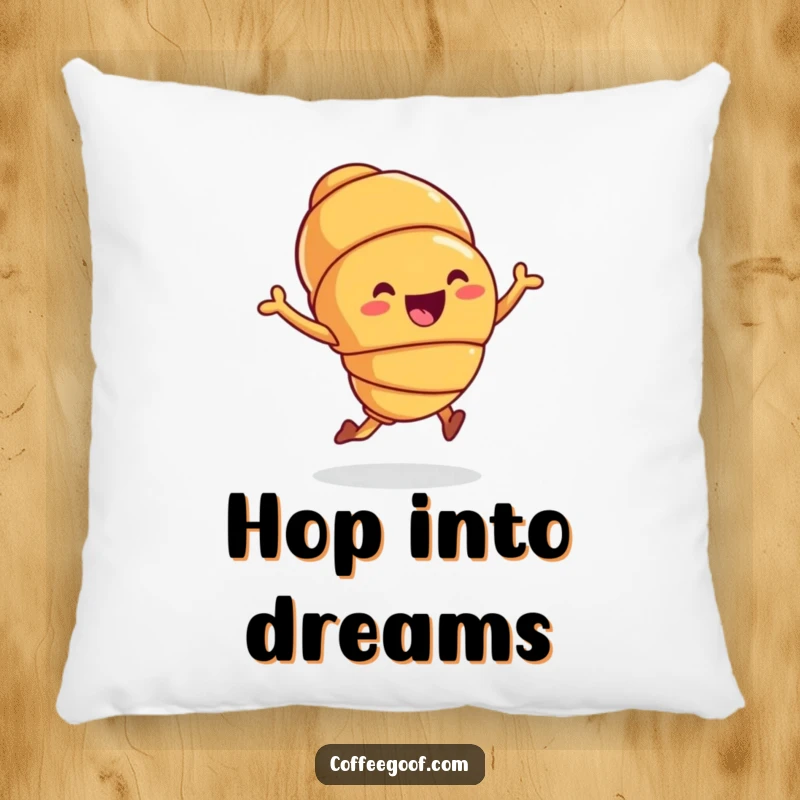 Funny Pillow featuring a joyful hopping croissant, offering cozy comfort and a humorous pastry theme for a funny gift.