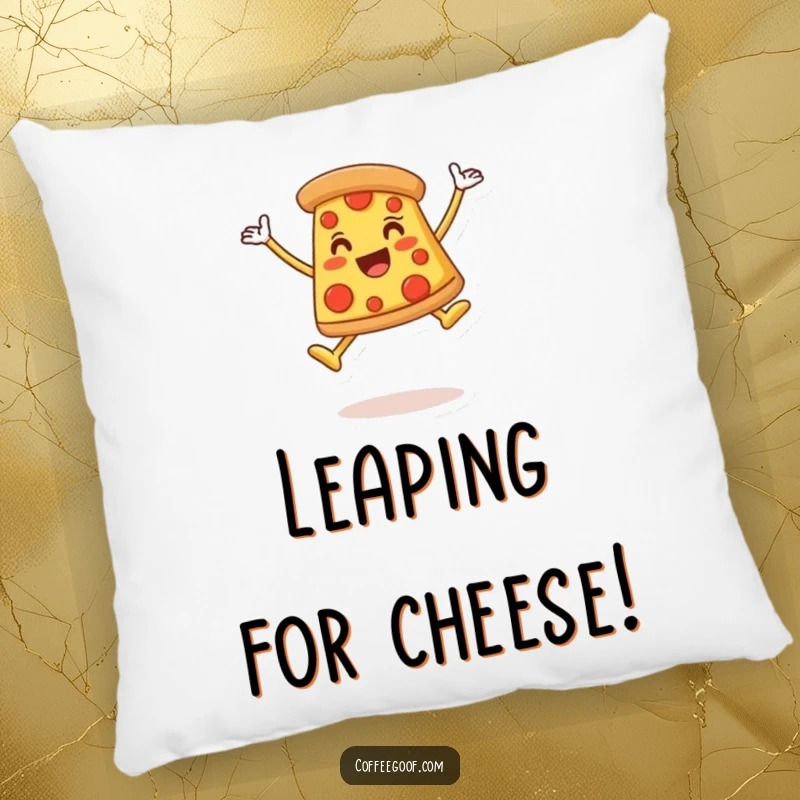 Funny Pillow featuring a cheerful pizza slice character in a dynamic, happy celebratory leap, perfect for adding soft, humorous decor.