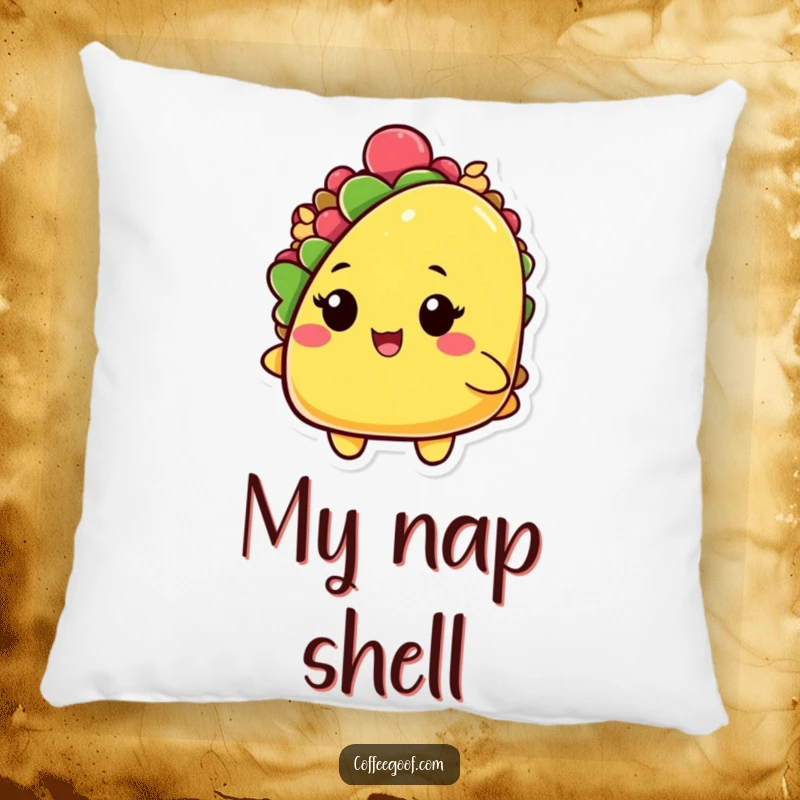 Funny and soft pillow featuring a playful taco character with a slightly open shell and a charming wink, perfect for cozy relaxation.