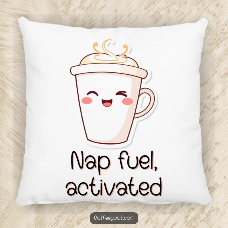 Funny Winking Coffee Cup Pillow with a cute smiling character winking, offering comfort and a charming, humorous touch to any seating area.