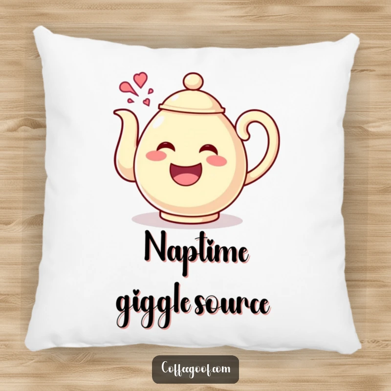 Funny Teapot Giggles Pillow with a happy teapot character pouring out giggles, offering comfort and a dose of infectious, playful humor.