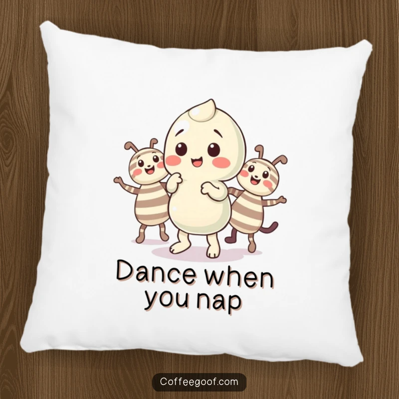 Funny Candy Pillow featuring a playful candy character doing a little jig with its striped companions, offering comfort.