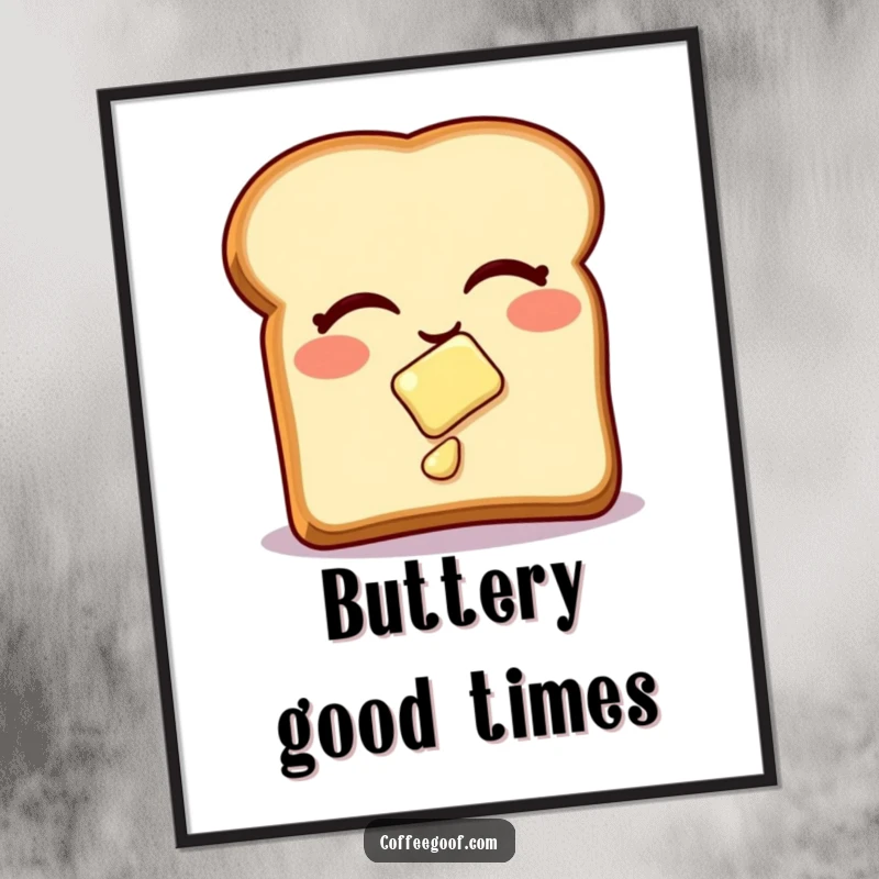 Funny Digital Art Print of a winking piece of toast with butter sliding off, bringing playful breakfast humor to decor as a funny gift.