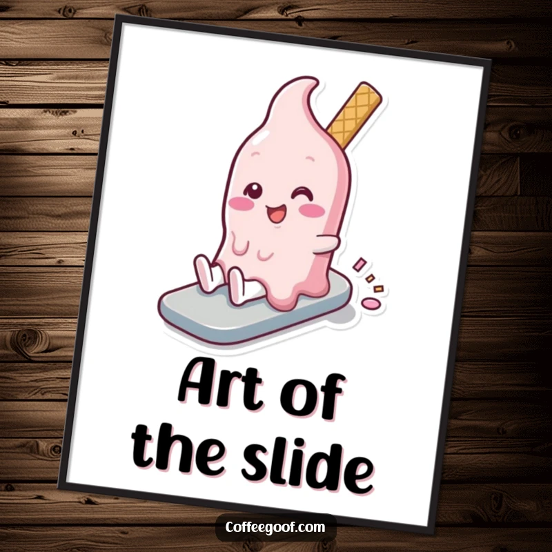 Funny melting ice cream character in a slow, joyful slide, presented as a vibrant and humorous digital art print.