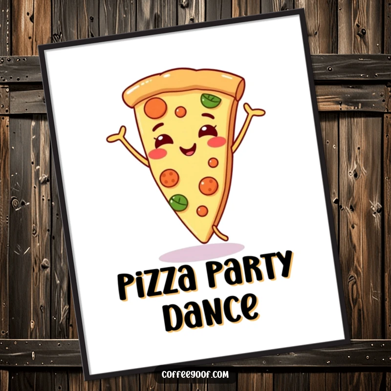 Funny smiling pizza slice digital art print, dancing joyfully, perfect for adding a humorous and delicious touch to digital displays.