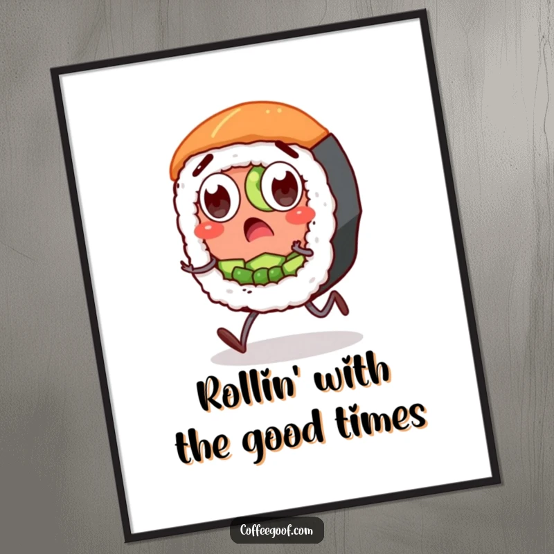 Funny Sushi Digital Art Print: A surprised sushi roll character with wide eyes and stubby legs, bringing comedic surprise to any digital display.