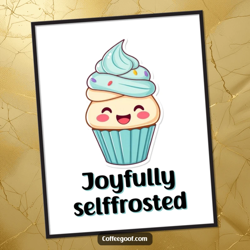 Funny cupcake digital art print, a cupcake character frosting itself, instant download for sweet decor.