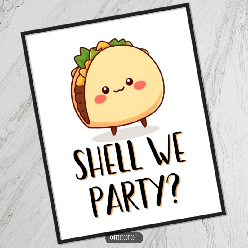 Funny Taco Digital Art Print: A cheerful, round taco character wiggling its shell and tiny legs, ready to add humor to any digital display.