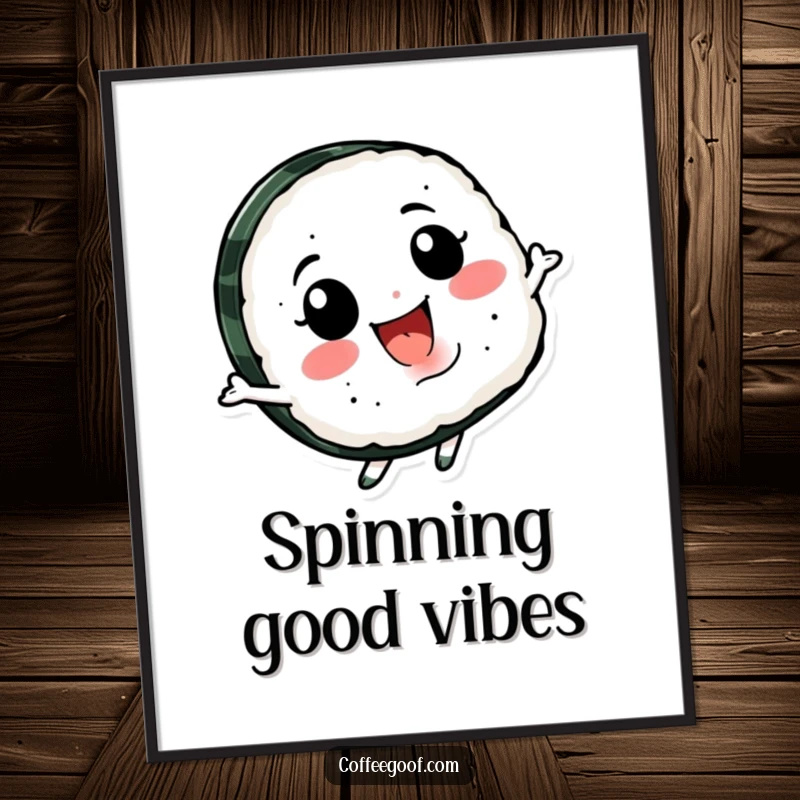 Funny Sushi Spin Digital Art Print of a smiling sushi character happily spinning, perfect for printable wall art, adding playful humor and fun.