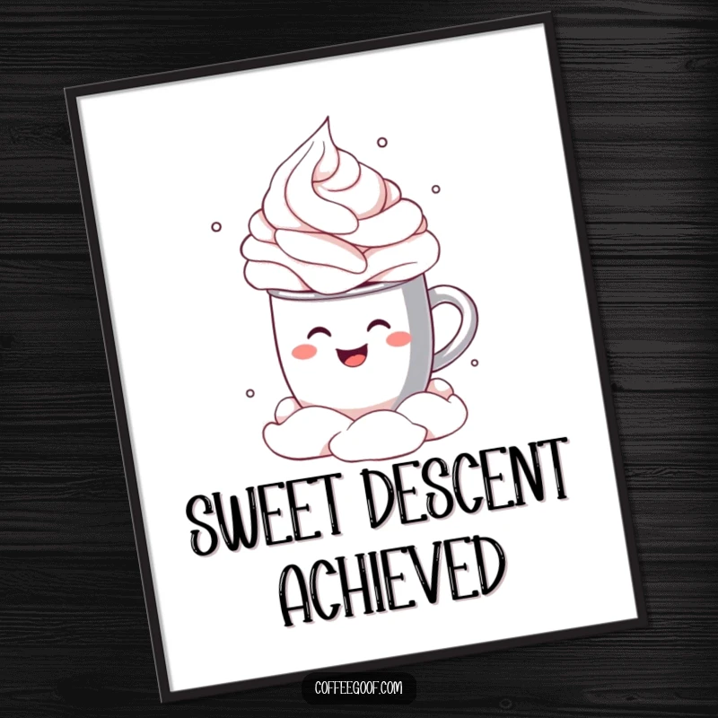 Funny Digital Art Print of a happy cocoa mug gleefully diving into whipped cream, perfect for cozy and humorous wall decor.
