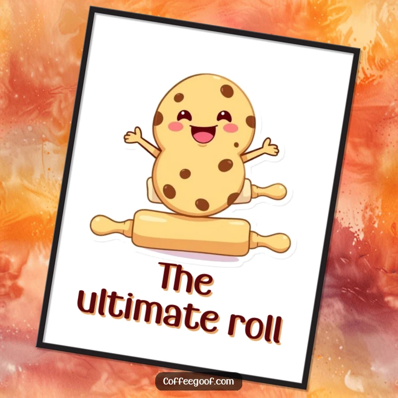 Funny cookie digital art print, a cookie character balancing on a rolling pin, instant download for kitchen decor.