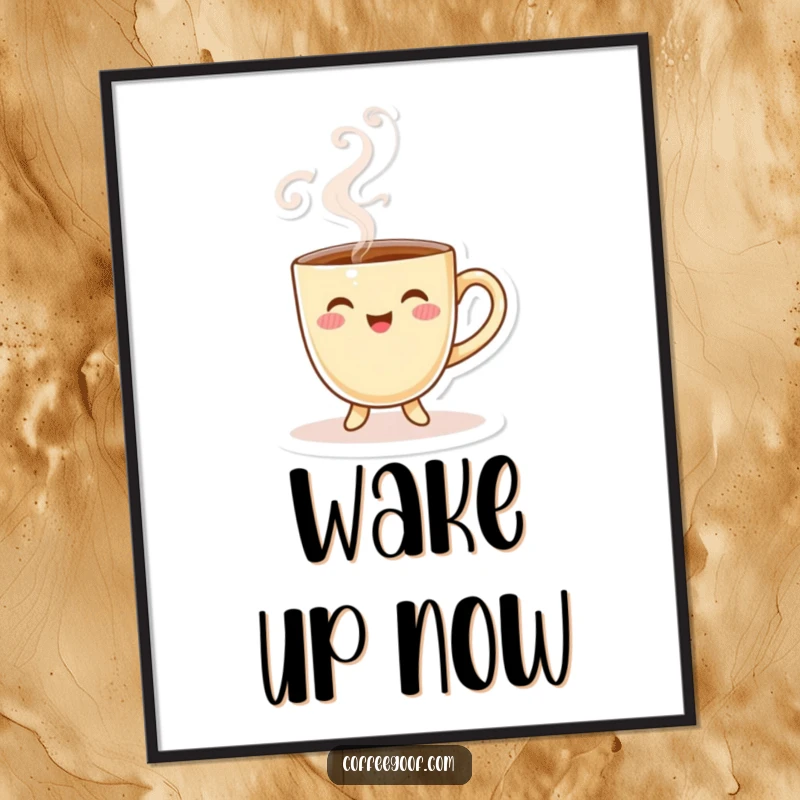 Funny Coffee Cup Digital Art Print of a smiling character with playful steam, ready to be printed.