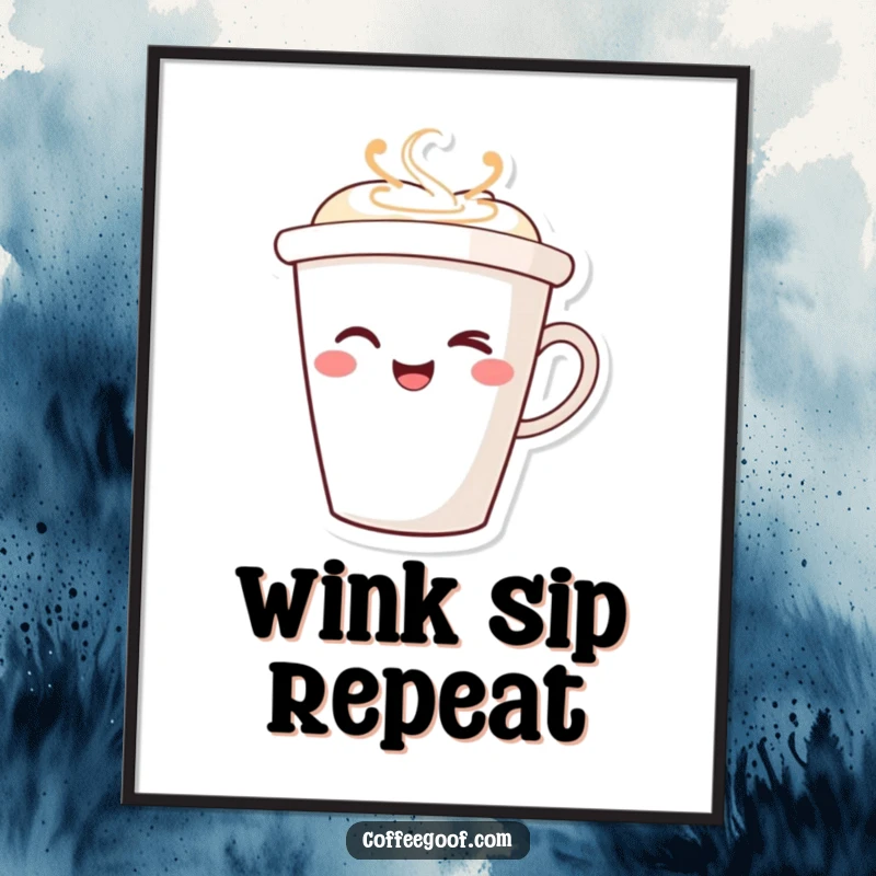 Funny Winking Coffee Cup Digital Art Print of a smiling character winking, perfect for printable wall art, adding humor and personality to any space.