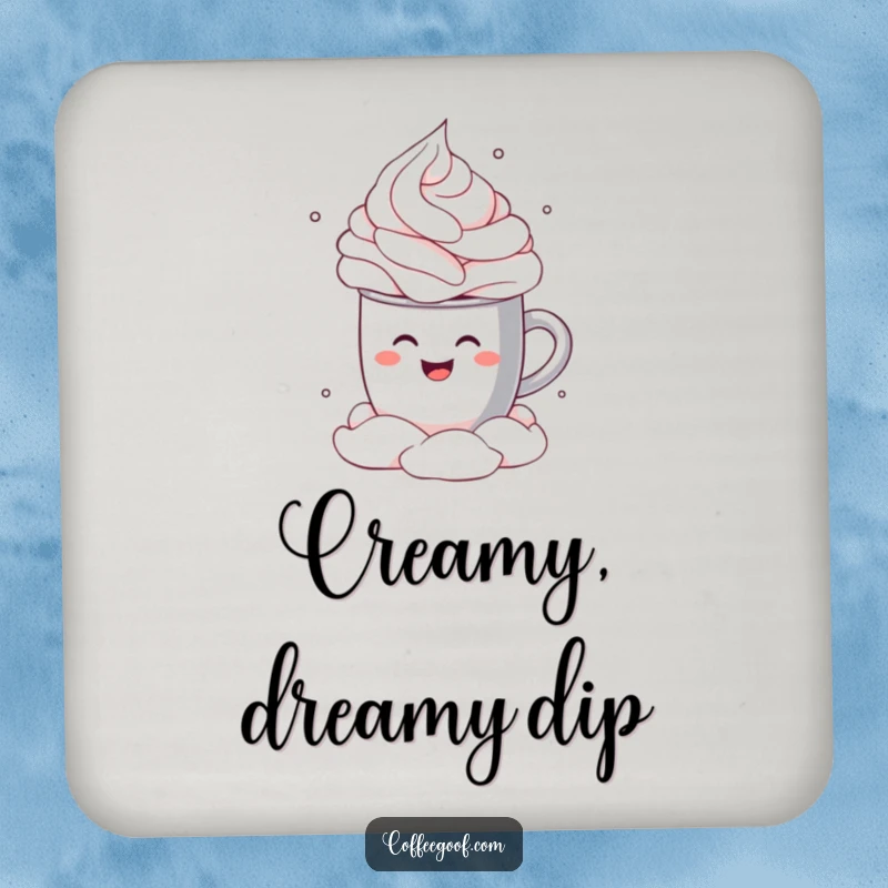 Funny Drink Coaster featuring a smiling cocoa mug performing a joyful cannonball dive into a cloud of whipped cream, adding cozy humor.