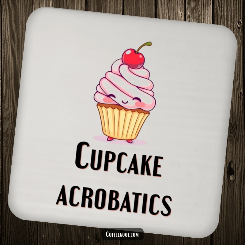 Funny Drink Coaster featuring a whimsical cupcake character energetically bouncing a cherry on its head, adding humor to any surface.
