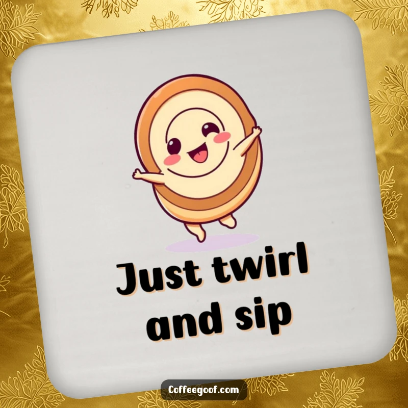 Funny cinnamon roll coaster, a cinnamon roll character spinning, protecting surfaces with sweet charm.